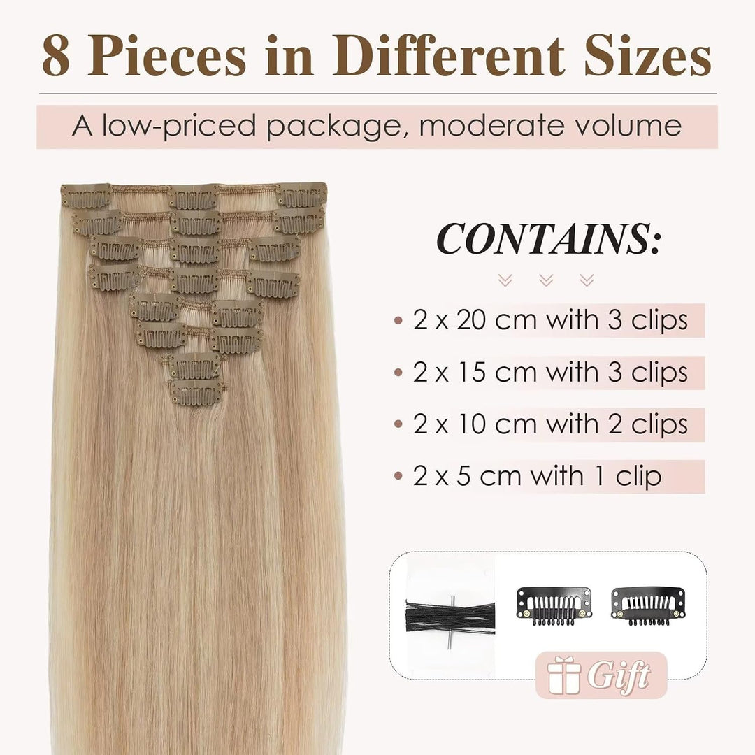 TESS Clip in Extensions Echthaar, 8pcs Clip in Haarverlängerung Remy Echt Haare Natürliche 18 Clips