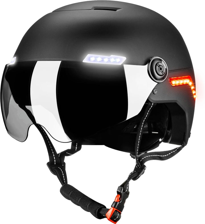 ILM Fahrradhelm Herren Damen mit Visier und LED Licht Beleuchtung Automatischem G-Sensor für Blinker