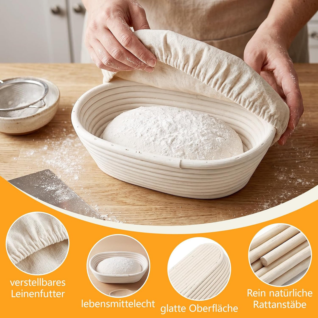 Gärkörbchen Oval 28x14x8 cm aus Natur-Rattan – Brot Gärkorb mit Leineneinsatz, Perfekt zum Gären von