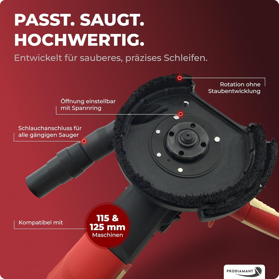 PRODIAMANT Absaughaube Set mit Bürsten für Winkelschleifer inklusive 125mm Diamant-Schleiftopf Absau