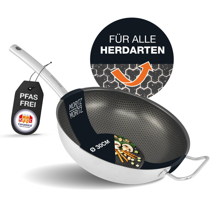Moritz & Moritz Edelstahl Wokpfanne 30cm mit Keramikbeschichtung der neuesten Generation - für alle