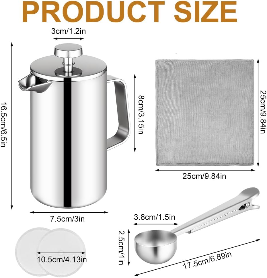 HOTUT French Press Kaffeebereiter, 350 ml Edelstahl Französische Presse mit Löffel, Ersatzfilter, Kl