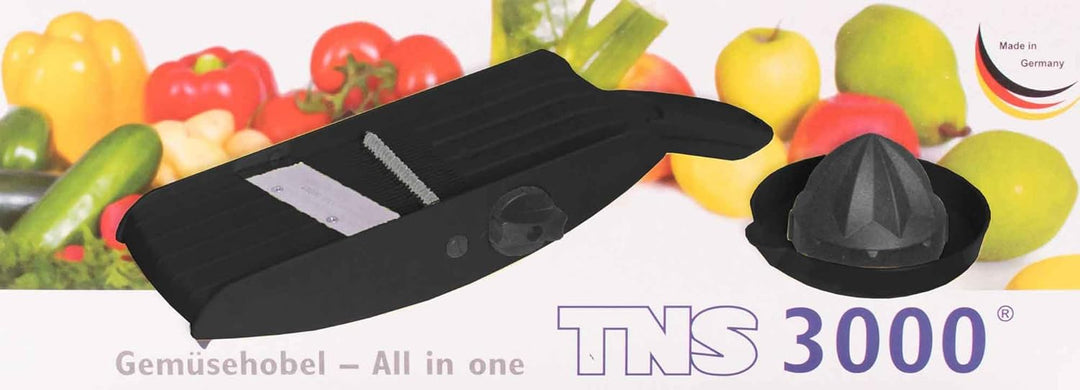 TNS 3000 GEMÜSEHOBEL Multireibe, Gurkenhobel, Julienne Schneider "ALL IN ONE" Das Original (Schwarz-
