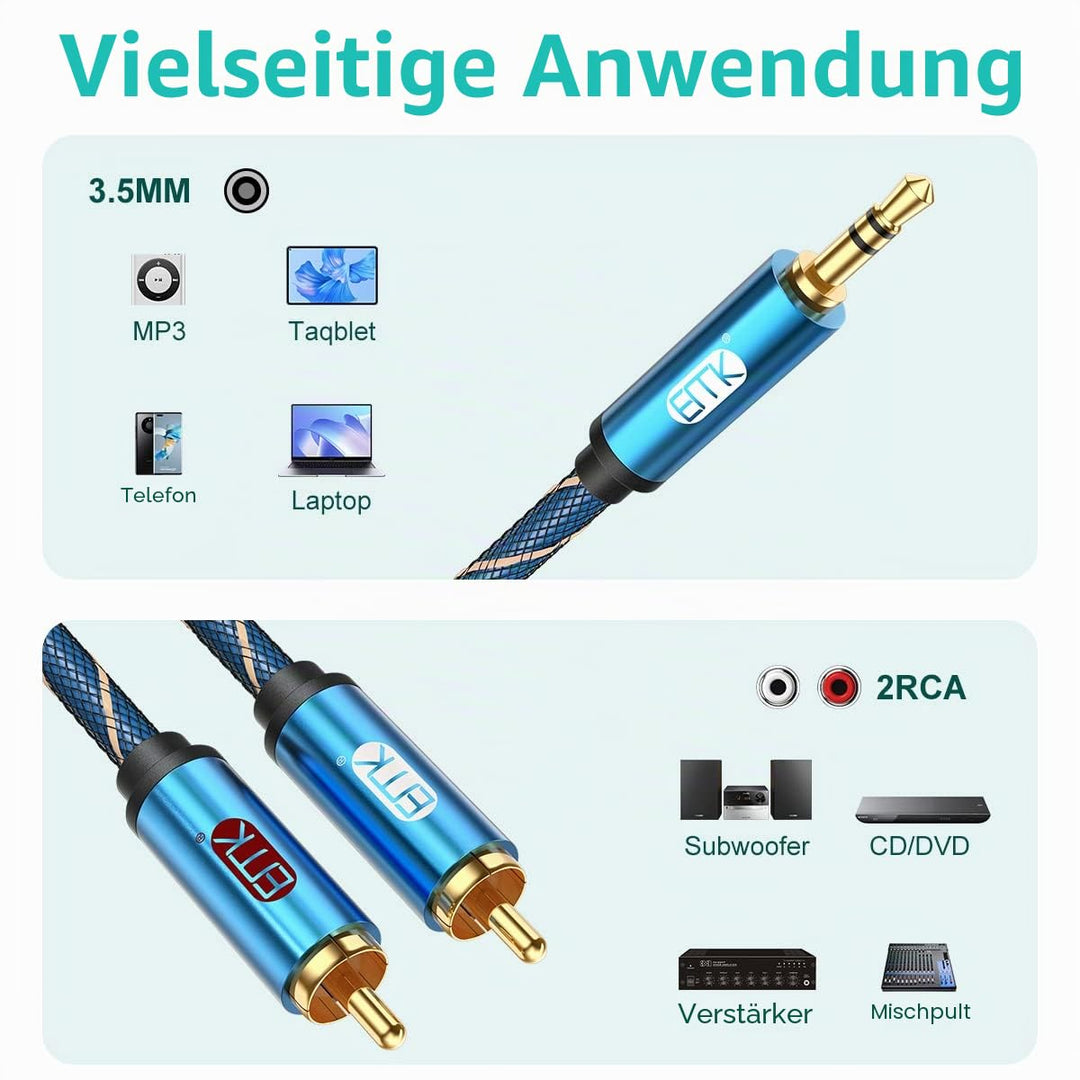 EMK Cinch Kabel, AUX 3,5mm klinke auf 2RCA Audiokabel Stereo Audio Y Geflochtener Nylon RCA Kabel Ja