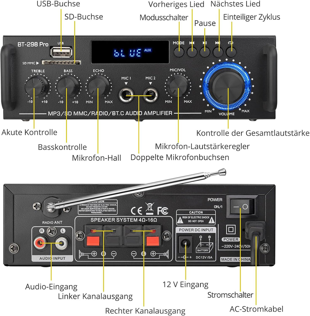 PROZOR Audio Power Stereo Verstärker Bluetooth 5.0 Verstärker Hifi Stereo Amplifier mit 2 Kanal, Bas