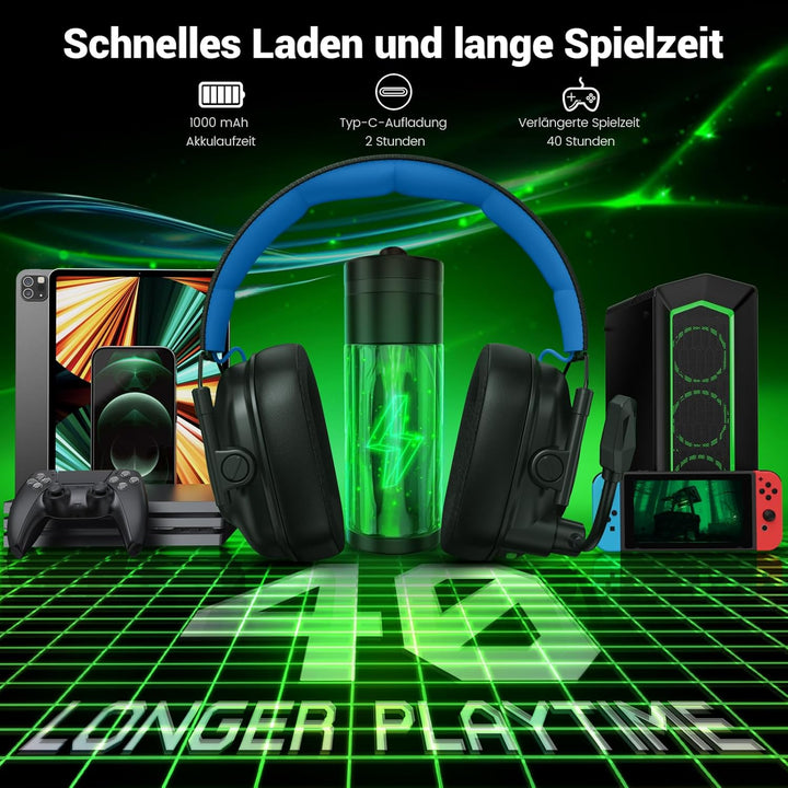 KGH2 Gaming Headset Wireless für PS4, PS5, PC, Mac, Switch, 2.4GHz Gaming Headset mit Mikrofon, Falt