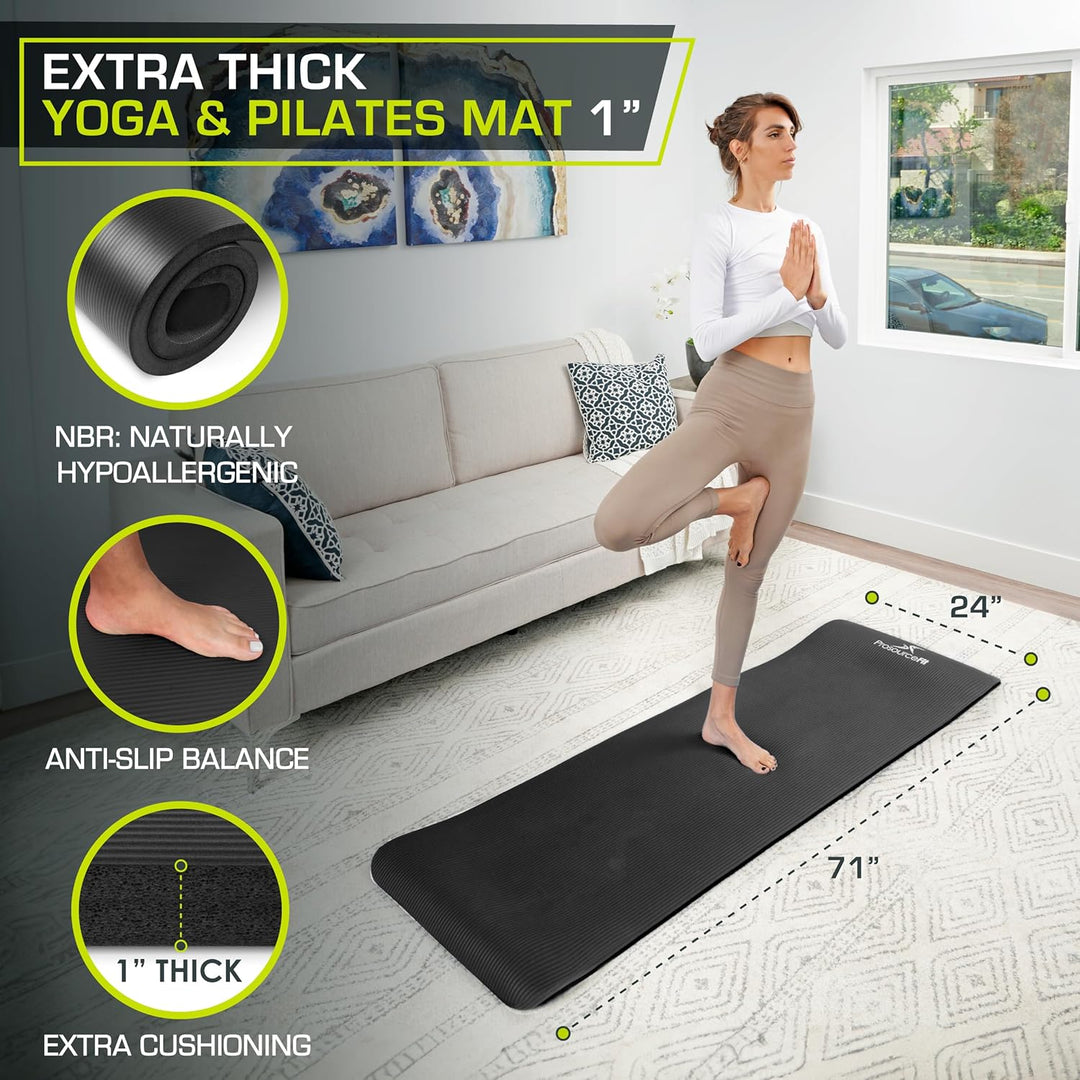 ProsourceFit Extra Thick Yoga and Pilates Mat 1" Black, 1" Black