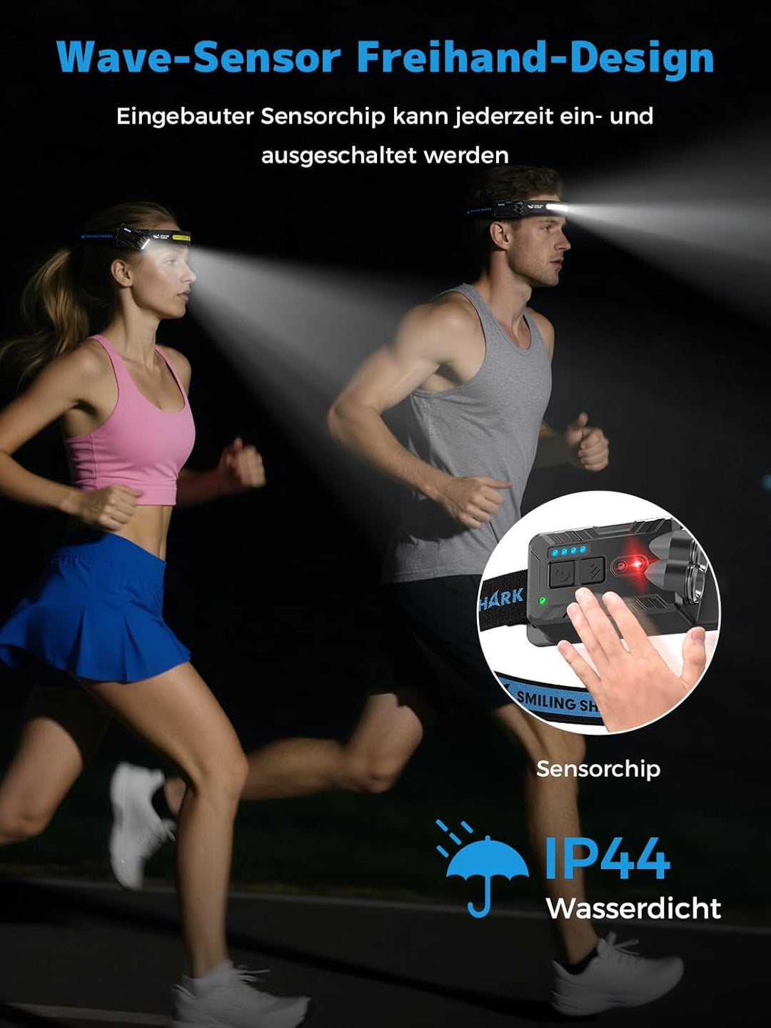 Smiling Shark Kopflampe, 2400mAh Ultra-Helle Wiederaufladbare Headlamp 2 Stück Weisses Licht & 2*Sch