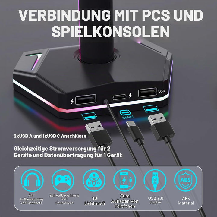 auvstar RGB Headset Halterung,Gaming Kopfhörer Ständer,10 Beleuchtungsmodi,USB Type-C Datenübertragu