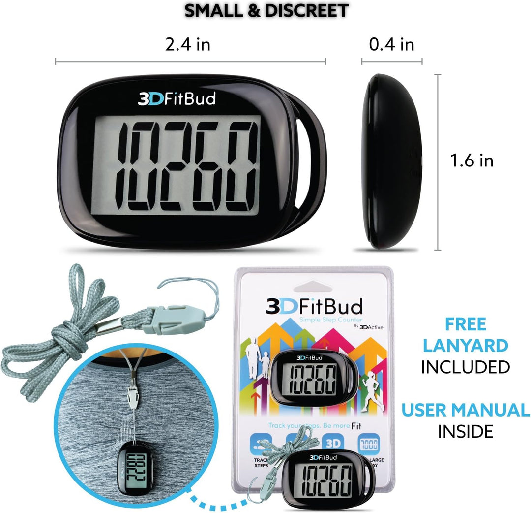 3DFitBud Einfacher Schrittzähler 3D von 3DActive mit Clip Lanyard Präziser Schrittzähler Grosses Dis