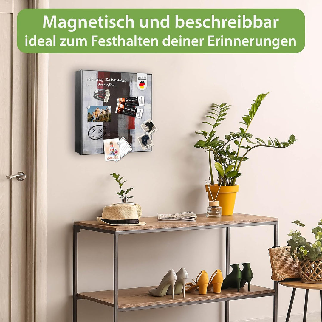 banjado® Grosser Schlüsselkasten Glas/Schlüsselbox 30cm x 30cm mit 50 Haken - Motiv Abstrakt Rot/Sch