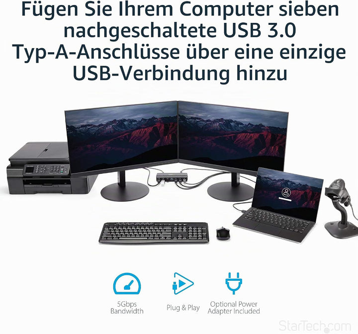 StarTech.com 7 Port USB 3.0 SuperSpeed Hub - USB 3 Hub Netzteil / Stromanschluss und Kabel - Schwarz