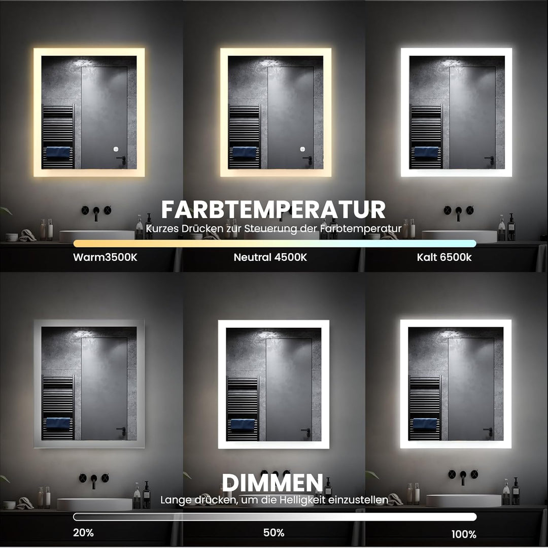 AllRight Badspiegel mit Beleuchtung 60x50cm | 3500K-6500K Dimmbarer LED Spiegel mit 3 Lichtfarben |