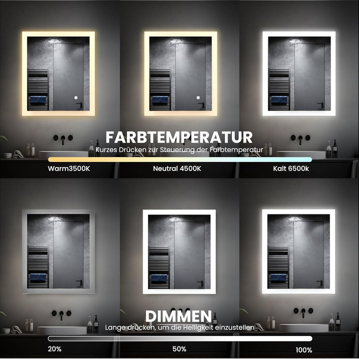 AllRight Badspiegel mit Beleuchtung 60x50cm | 3500K-6500K Dimmbarer LED Spiegel mit 3 Lichtfarben |