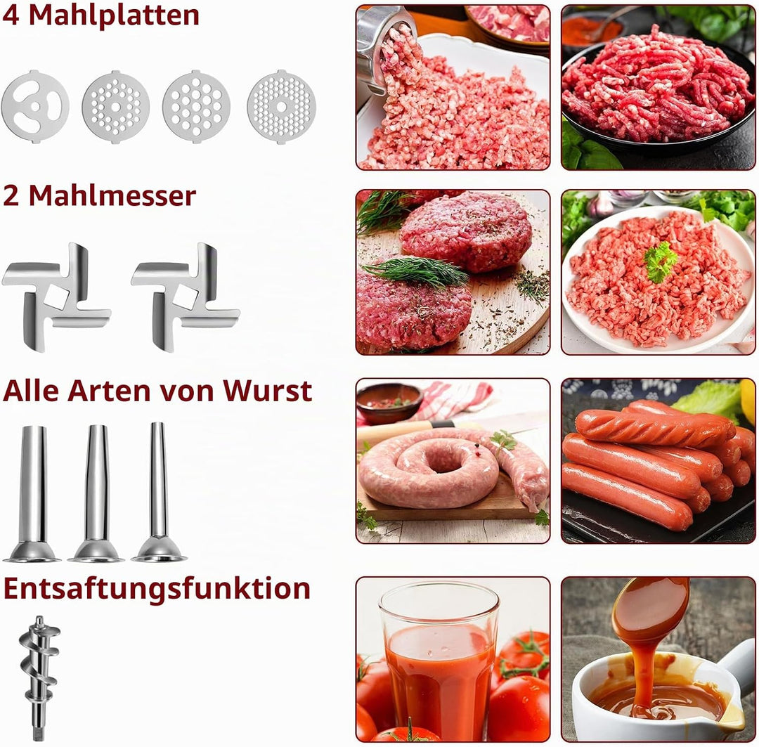 Fleischwolf Aufsatz für KitchenAid Küchenmaschinen, Fleischwolf Zubehör inklusive 3 Wurstfüllrohre,