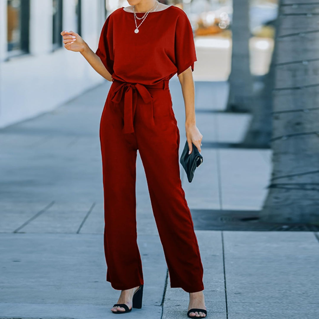Coloody Damen Lang Jumpsuit Elegant Sommer Kurzarm V-Ausschnitt Overall Hosenanzug Romper Weites Bei