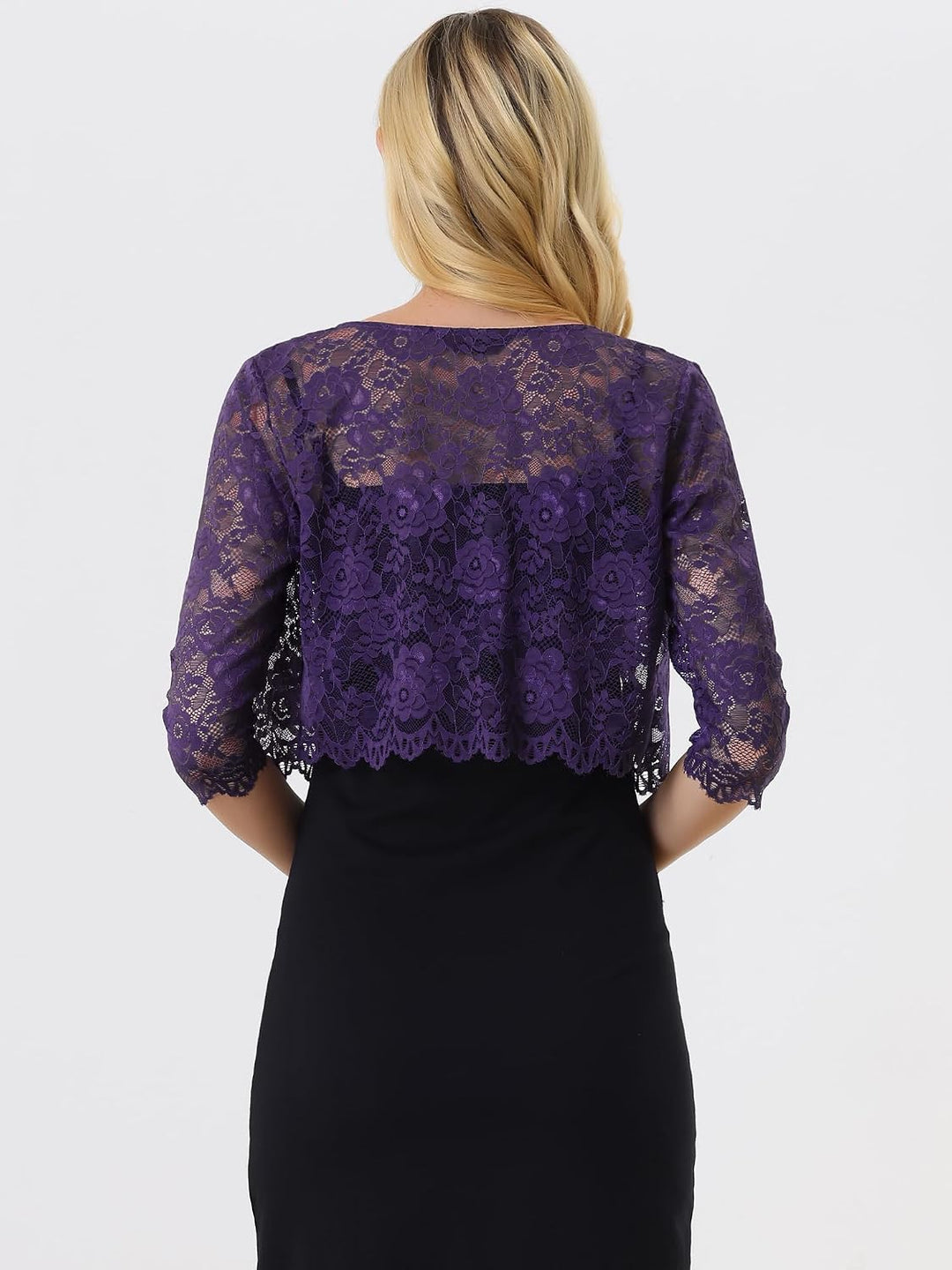 Allegra K Damen Brautjacke Spitzen Bolero Festlich Kurz 3/4 Ärmel Durchsichtig Blumen Spitze Shrug C