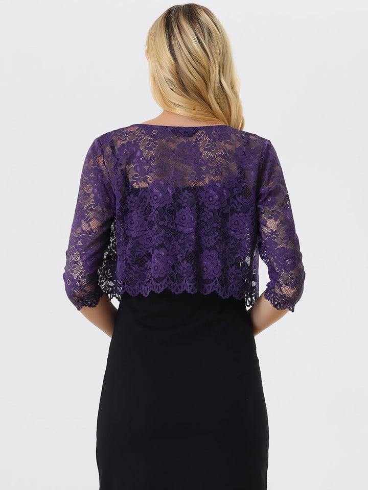 Allegra K Damen Brautjacke Spitzen Bolero Festlich Kurz 3/4 Ärmel Durchsichtig Blumen Spitze Shrug C