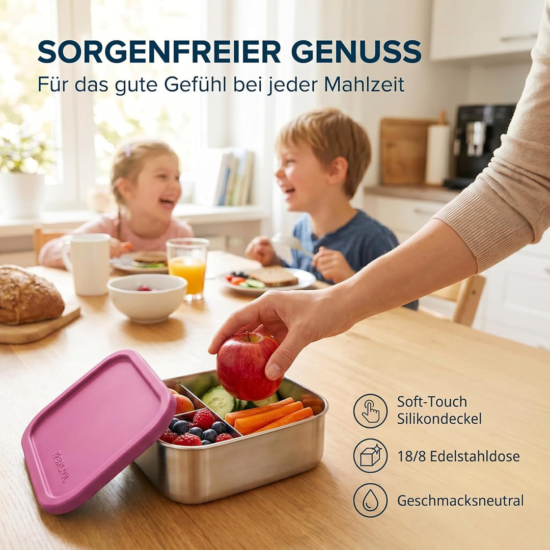 Edelstahl Brotdose, Feste Trennwand und 3 Fächer, Silikondeckel, Auslaufsicher, Spülmaschinengeeigne