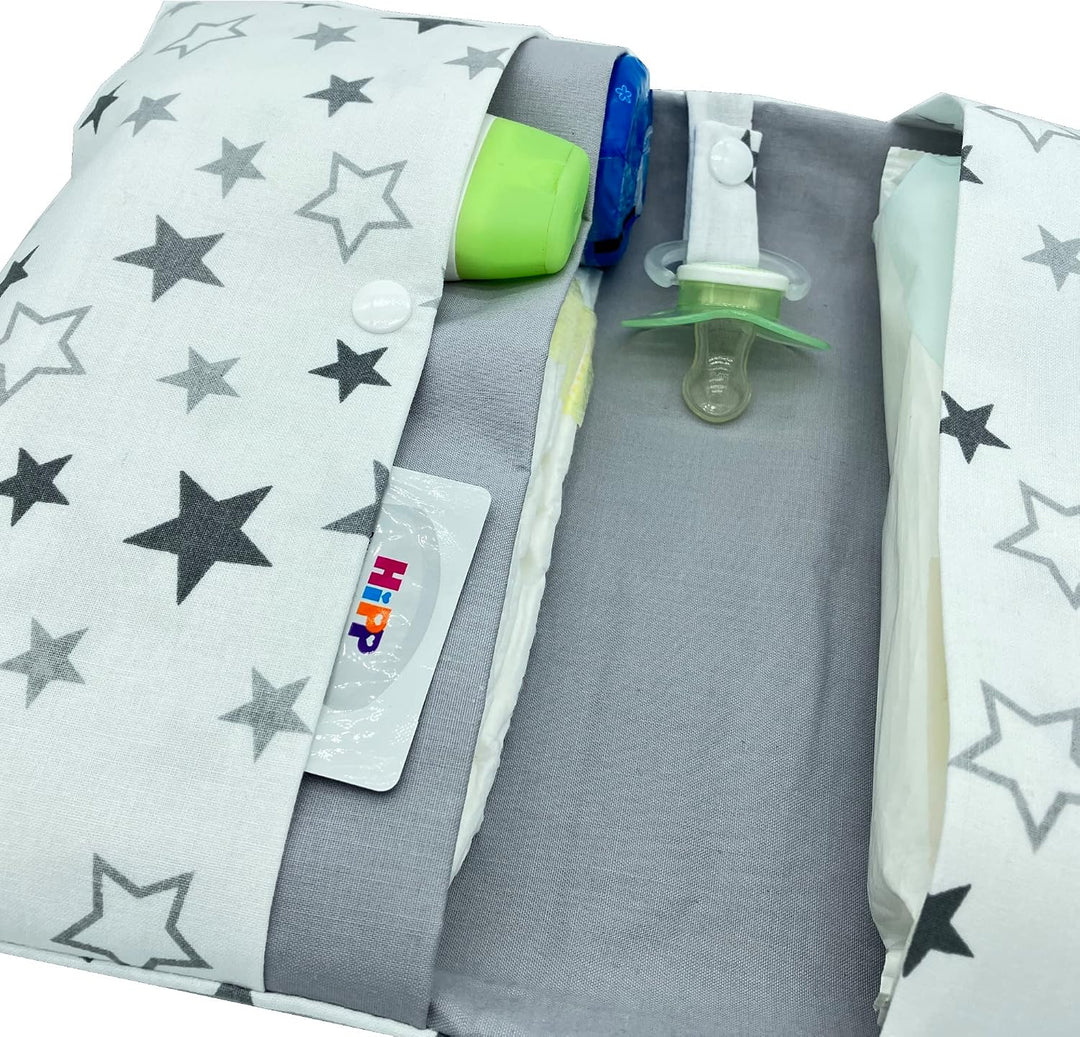Grosse Windeltasche XXL mit Name personalisiert Wickeltasche - Sterne weiss grau - für Jungen und Mä