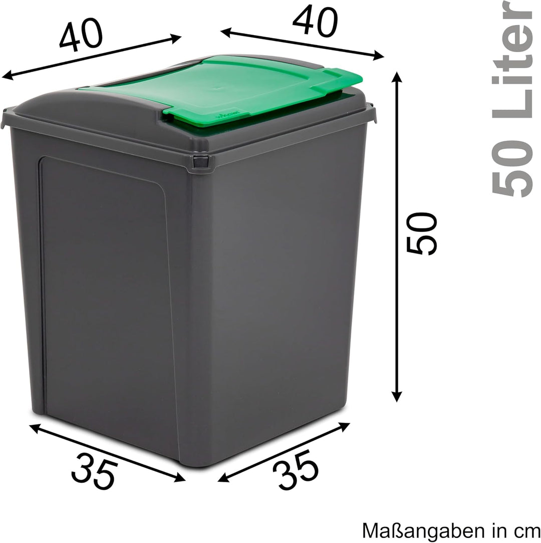 2x 50L Mülltonne Schwarz-Grün-Rot, Mülleimer Küche, Mülleimer 2 Fächer, Mülltrennsystem, Abfalleimer