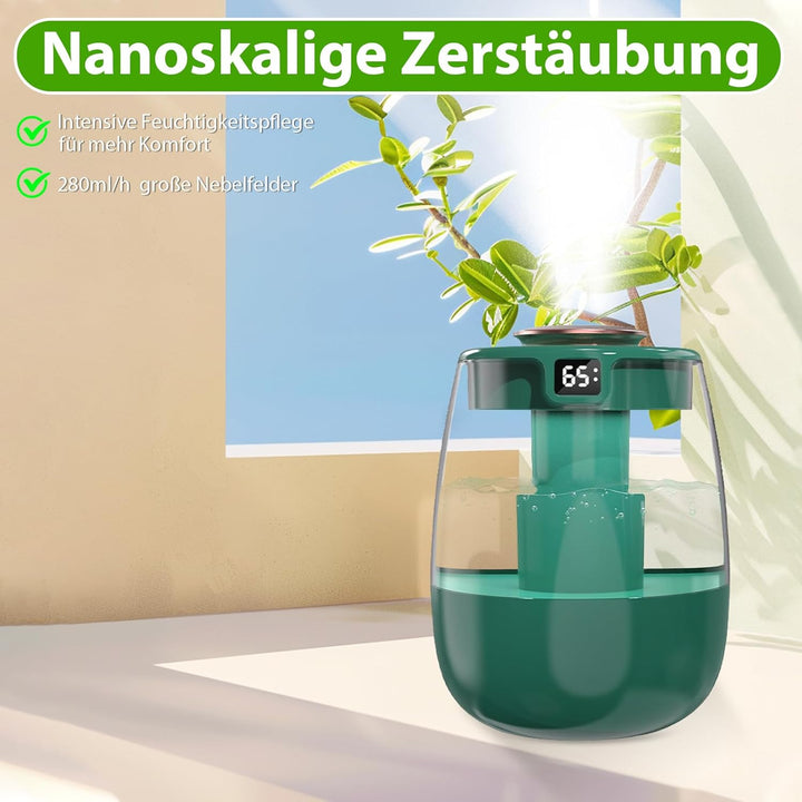 Luftbefeuchter, 1L Leise Humidifier mit 2 Loch, Luftbefeuchter mit leiser USB-Digitalanzeige, 2 Nebe