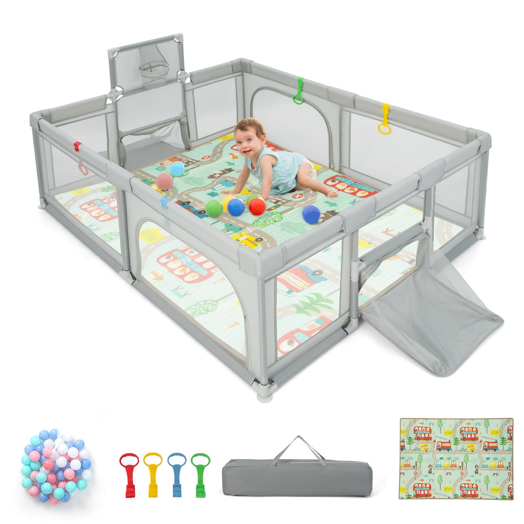 DREAMADE Laufstall baby, 188 x 157cm Laufgitter mit Matratze & Basketballkorb & Zugring, Schutzgitte