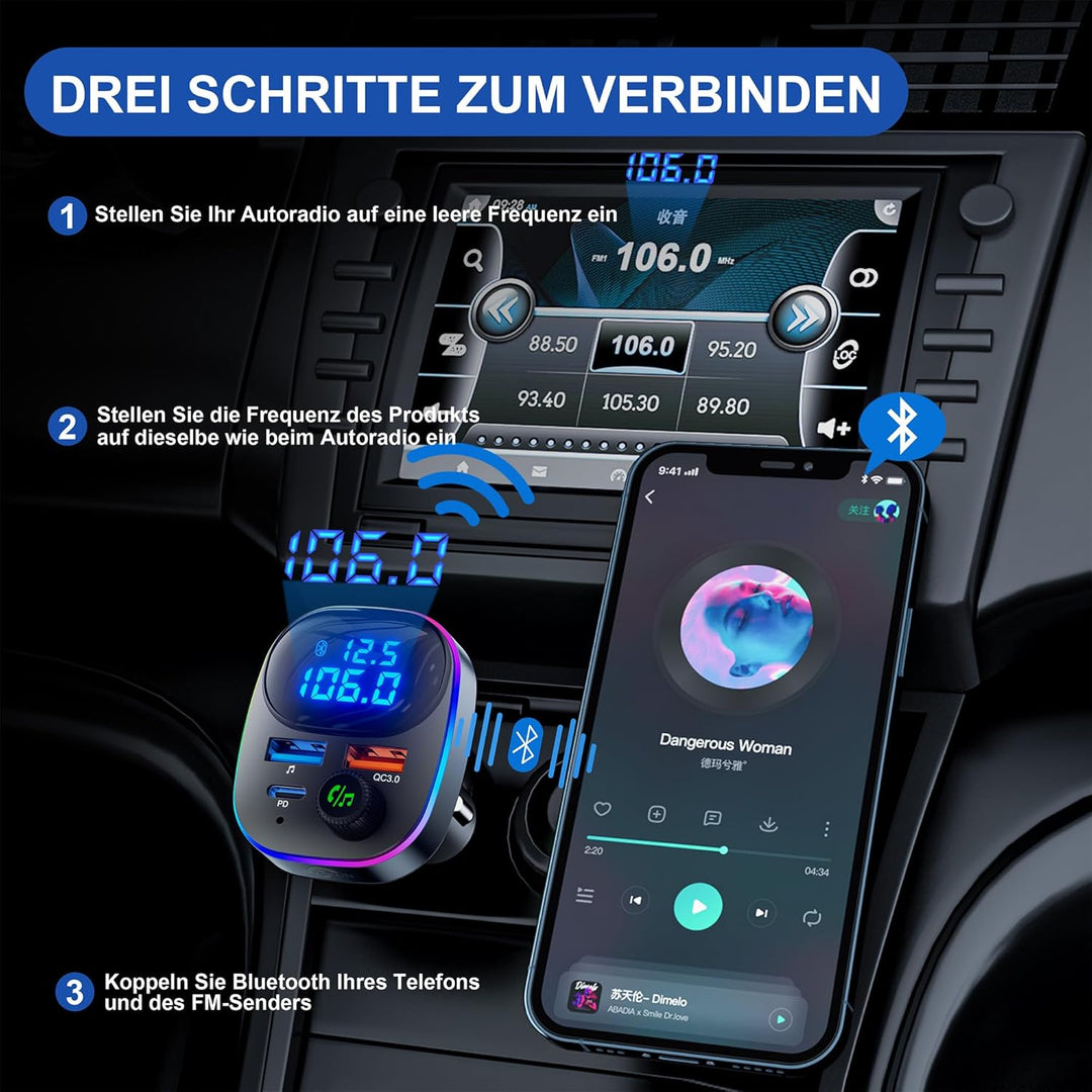 Bluetooth 5.3 FM Transmitter,38W KFZ Musik Adapter für Auto Radio,PD&QC3.0 Schnellladung mit Spannun