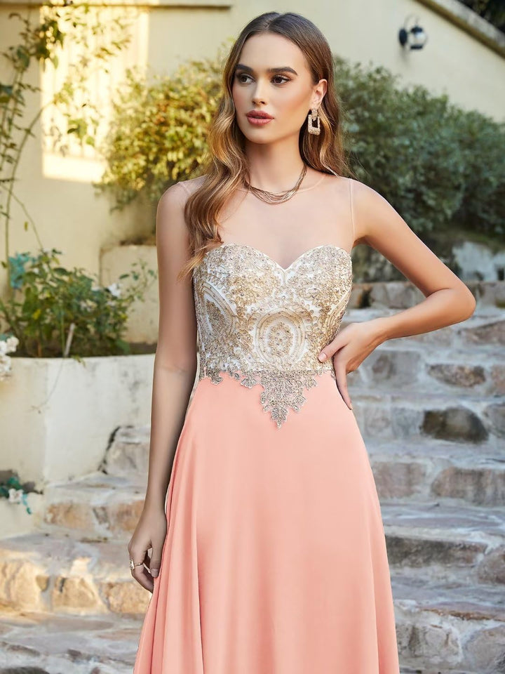 Misshow Abendkleid Chic Lang mit floralen Applikationen aus Chiffon Gr. 32 Dunkelrosa., 32 Dunkelros