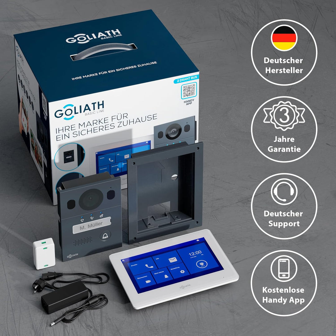 GOLIATH Basic Video Türsprechanlage, 2 Draht Bus, 7" Monitor, Unterputz Türklingel mit Kamera, Gegen