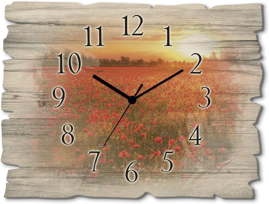 ARTLAND Wanduhr ohne Tickgeräusche aus Holz Funkuhr 40x30 cm Rechteckig Lautlos Mohnblumen Blumen So