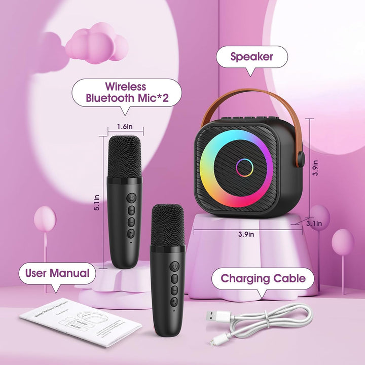 Karaoke Maschine Kinder mit 2 Mikrofonen - Tragbar Bluetooth Karaoke Mikrofon mit RGB-Leuchten, Mini