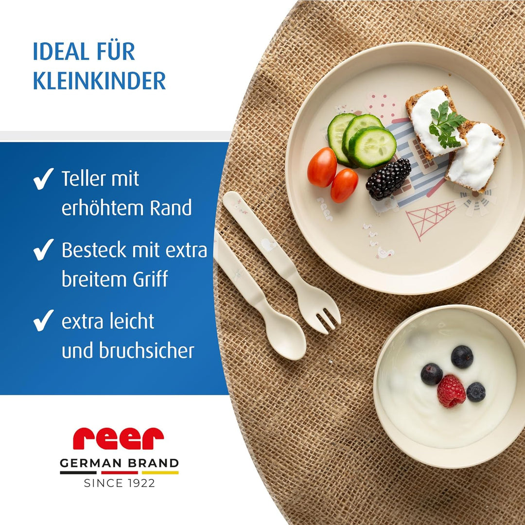reer Kindergeschirr Set | Motiv: Little Farm | Biokunststoff-Geschirr für Kleinkinder aus 100% ISCC-
