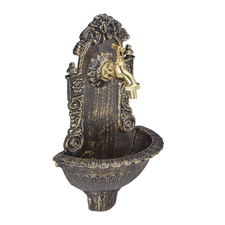 Relaxdays Wandbrunnen antik, mit Wasserhahn, nostalgisch, Waschbecken Garten, Aluguss, HBT 40 x 24,5