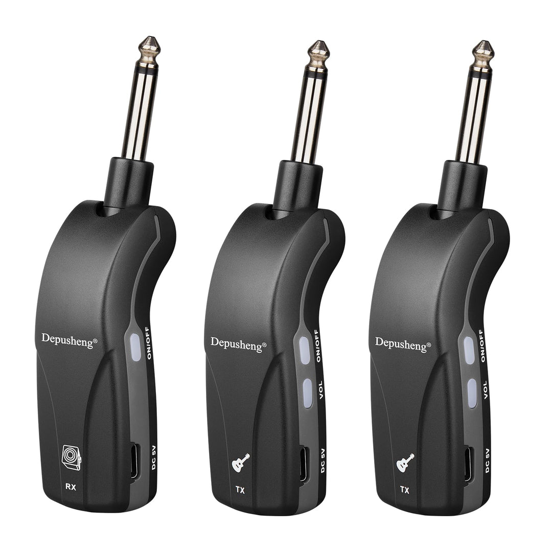 Depusheng GT1 2,4 GHz Drahtloses Gitarrensystem, Stummschalt-Stecker, Empfanger + 2 Sender, 10h Akku