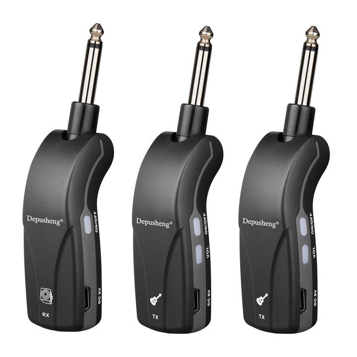 Depusheng GT1 2,4 GHz Drahtloses Gitarrensystem, Stummschalt-Stecker, Empfanger + 2 Sender, 10h Akku