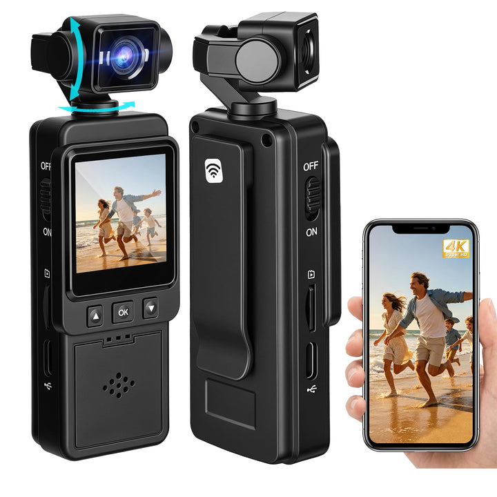 Körperkamera Bodycam Vlog Kamera, 4K Mini Sports Action Cam mit 270° Drehbarem Objektiv, Tragbare PO