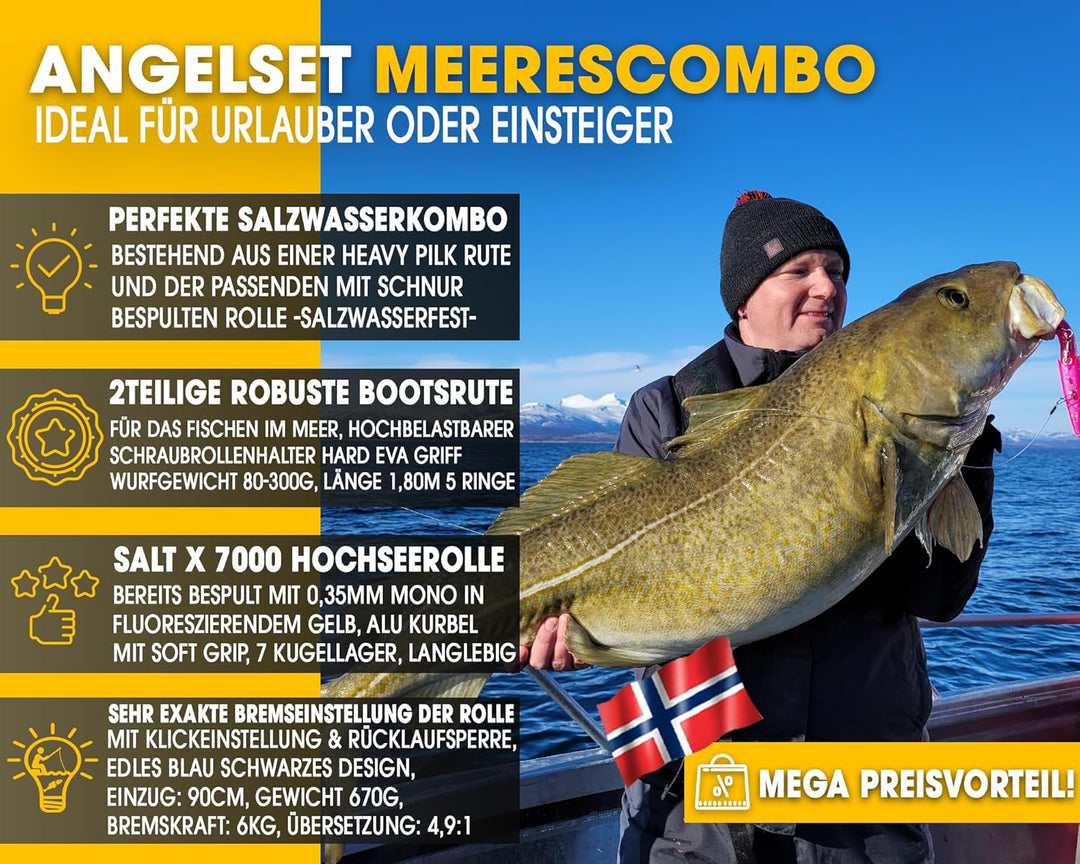 Angel Berger Meerescombo Angelset Norwegen Pilkset Pilkrute mit Stationärrolle Meeresangeln Norway M