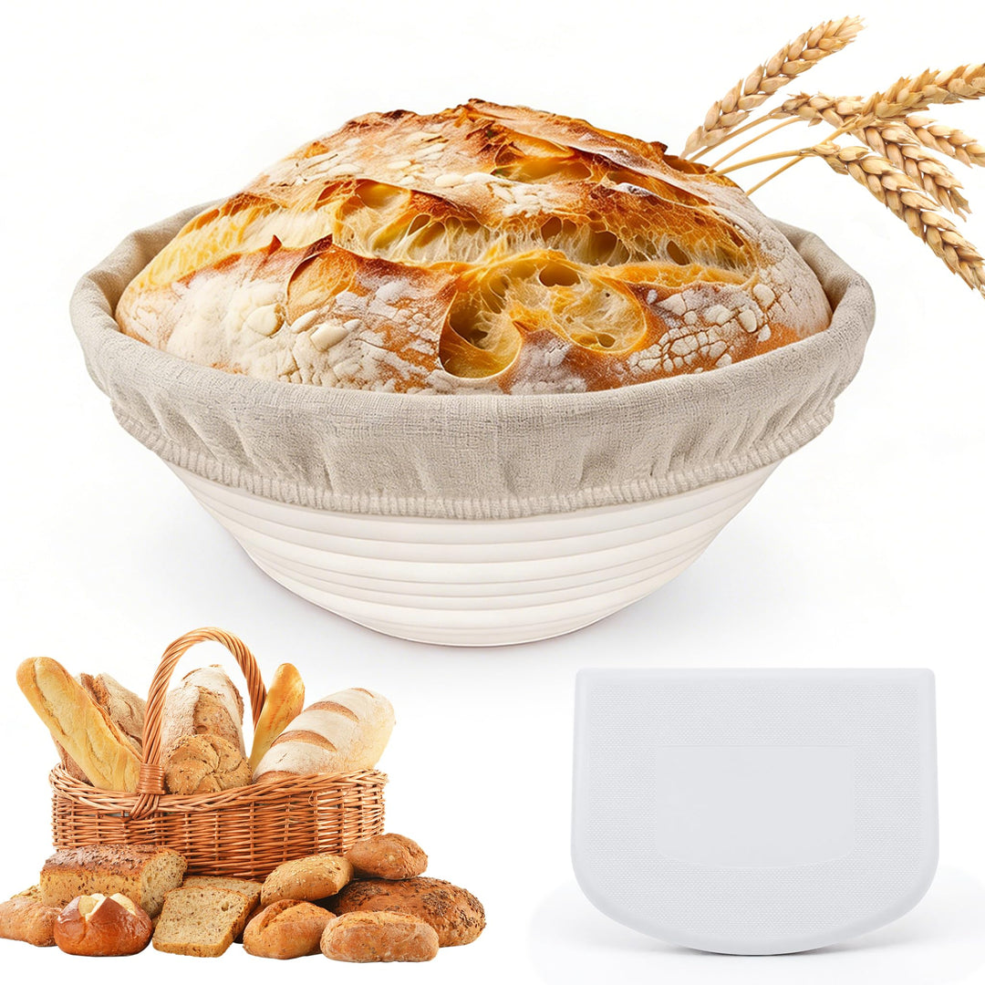 Gärkörbchen Rund, 23cm Gärkorb Set Silikon Proofing Basket Brotkörbchen Brotform mit Leinen, Schaber