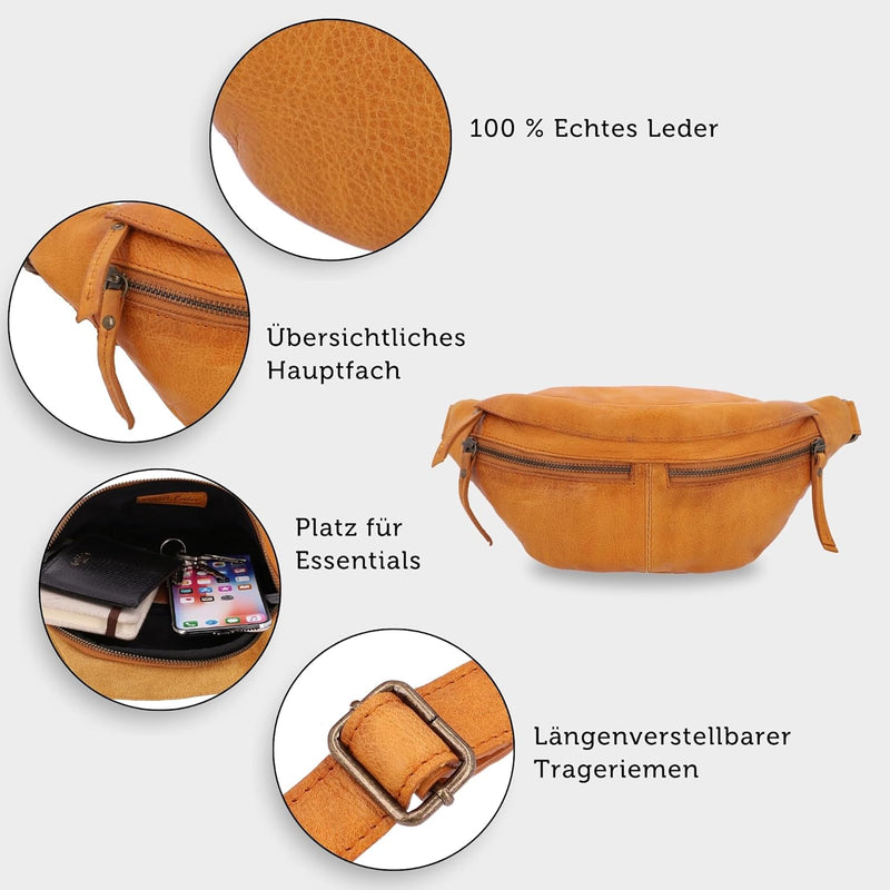Gusti Gürteltasche Leder - Acton Bauchtasche Festivaltasche Hüfttasche Vintage Braun Leder Damen Her
