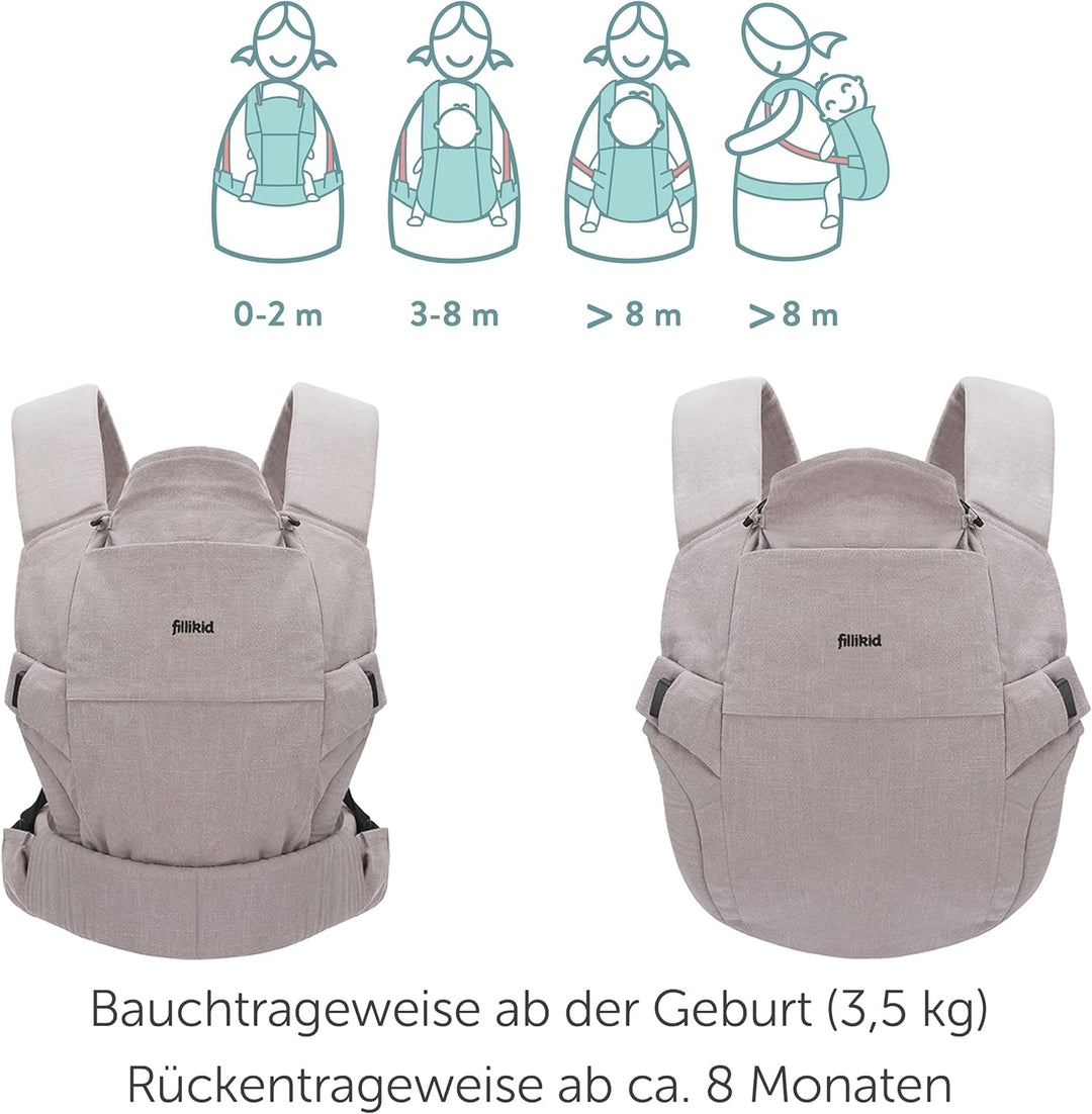 Fillikid Babytrage Natural - Kindertrage aus Baumwolle und Brennesselfaser Stoff, multifunktionale T