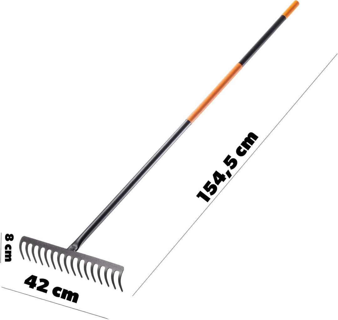 KADAX Rechen, Gartenharke aus Metall, breite Harke mit 154,5 cm langem Metallstiel, Gartengerät zum