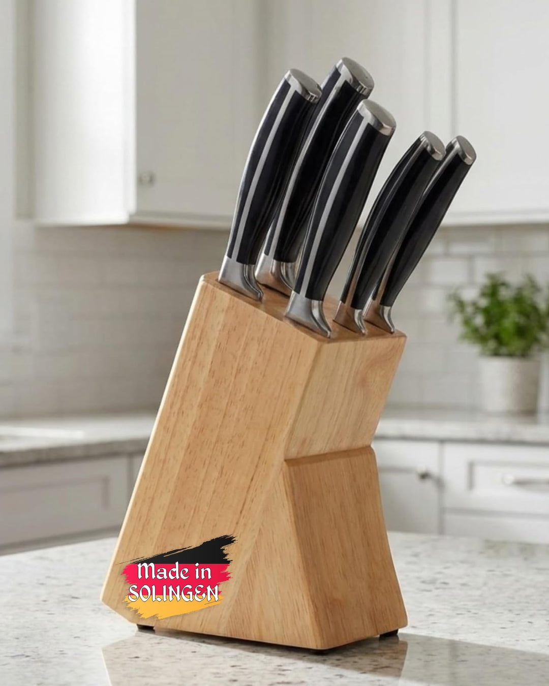 GGS Solingen Küchenmesser Set 7-teilig – Messerset mit Holz-Messerblock, Edelstahl Kochmesser Set ro