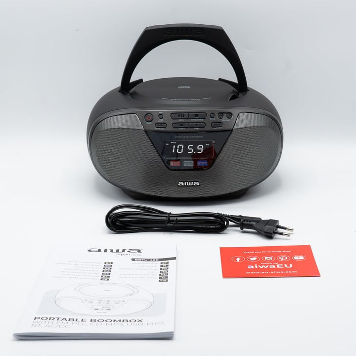 Aiwa BBTU-400BK Tragbares CD-Radio mit Bluetooth und USB, Farbdisplay, RDS, FM PLL, Weckfunktion, Fa