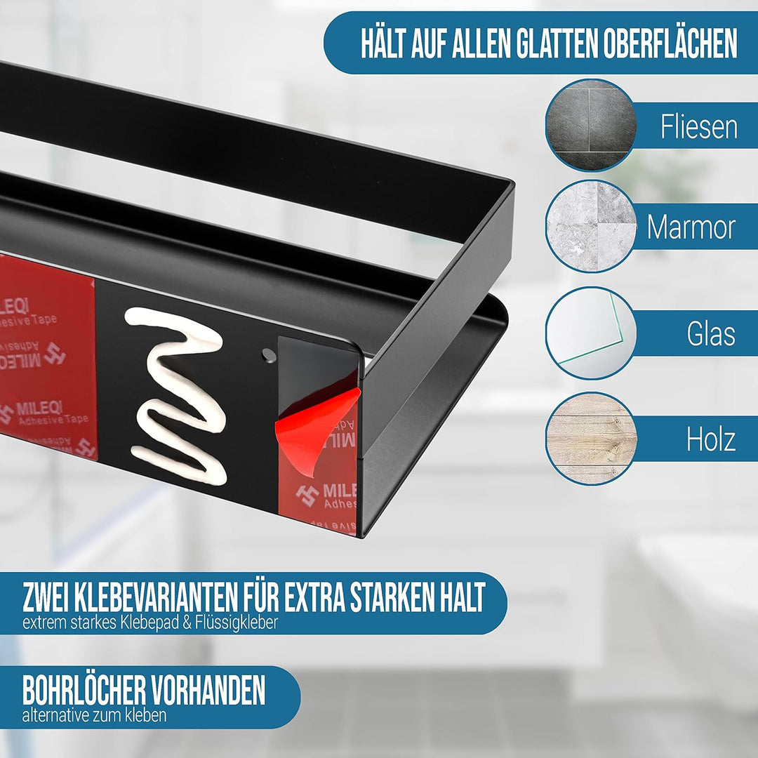 Duschablage ohne Bohren Schwarz | Duschregal Edelstahl mit Auslaufrillen | Duschkorb Aufbewahrung in