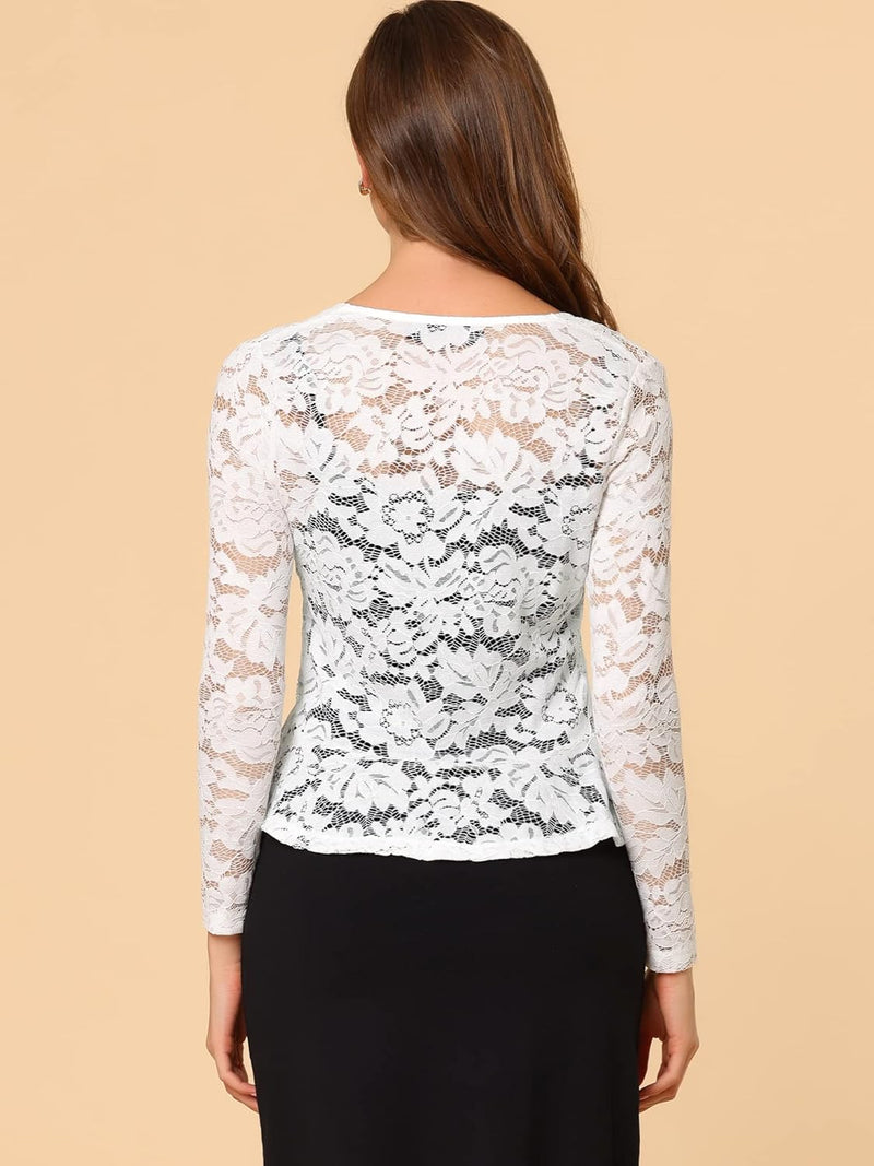 Allegra K Damen Spitzenbolero Langarm Bolero Durchsichtig Rüschensaum Crop Blumen Shrug XS Weiss, XS