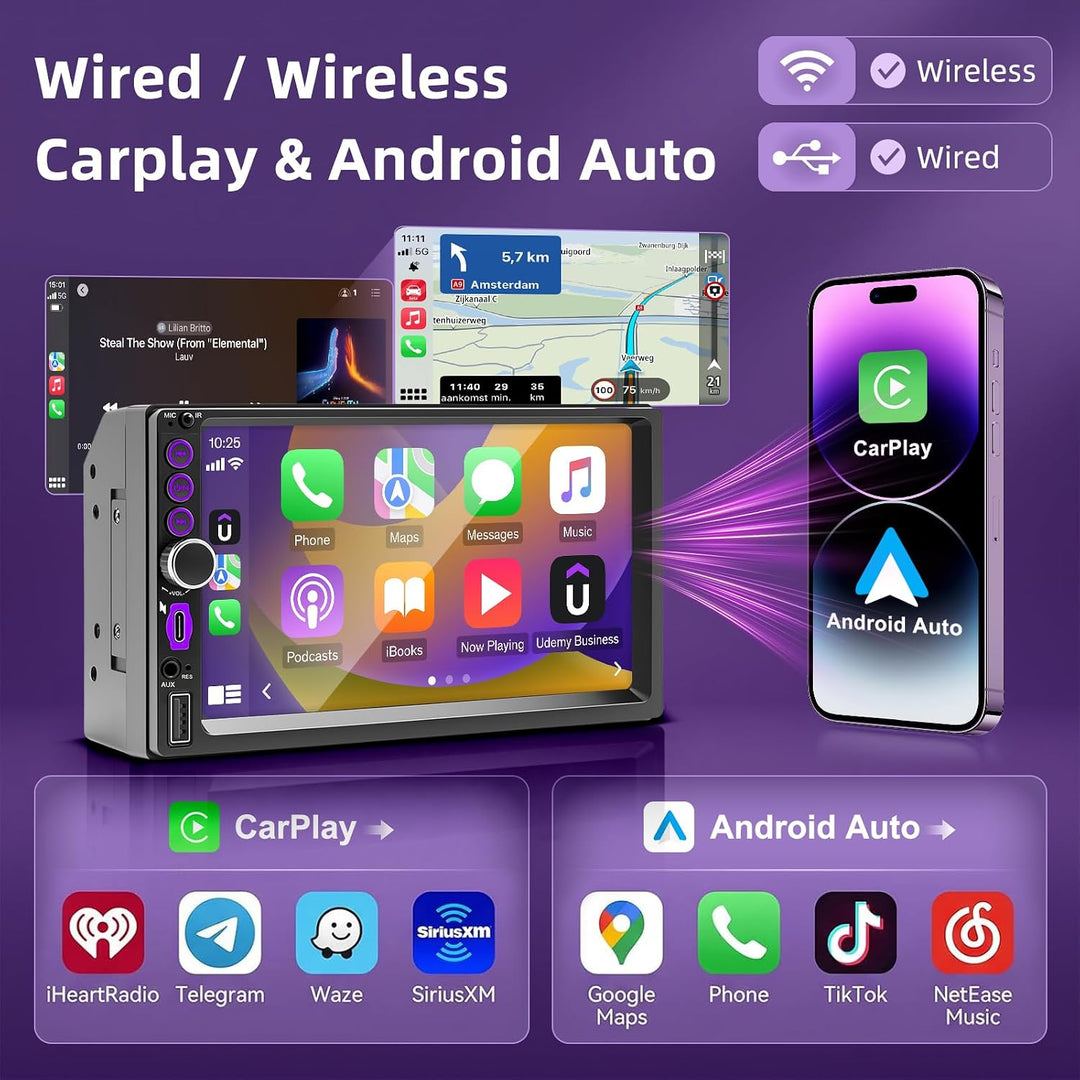 Autoradio 2 DIN mit Wireless CarPlay und Android Auto, 7 Zoll Touchscreen Bildschirm, Bluetooth Frei