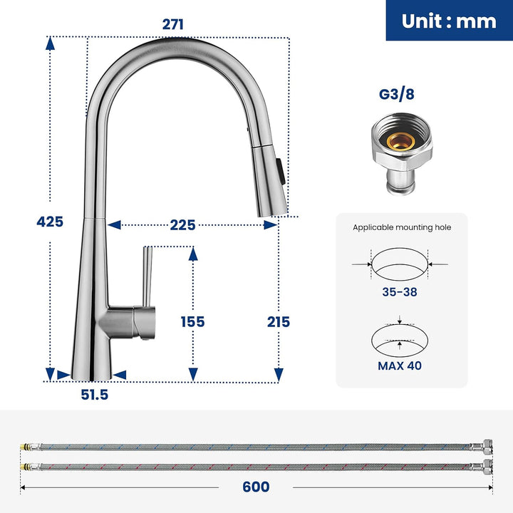 CECIPA Wasserhahn Küche, Küchenarmatur mit Brause Ausziehbar, Mischbatterie Küche mit 3 Strahlarten,