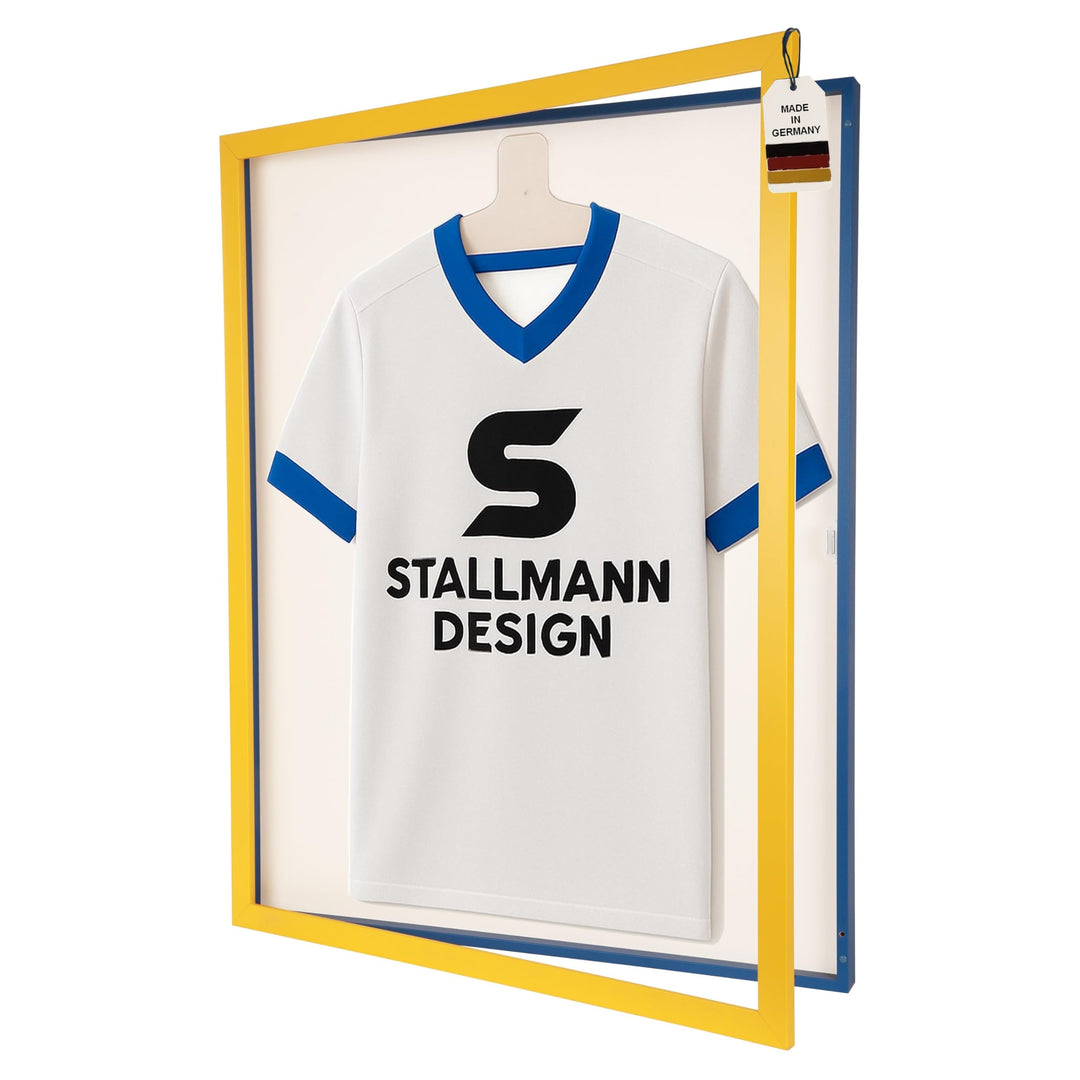 Trikotrahmen mit Drehtür – 'Gelb-Blau' - Rückwand Weiss | Grösse: 90x70cm - von vorne bestückbar - s