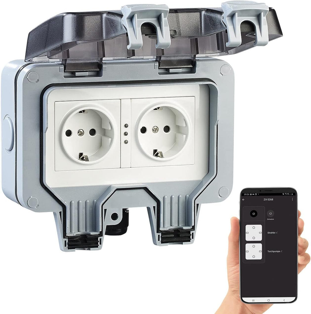 Luminea Home Control WLAN Aussensteckdose: 2er-Set Outdoor-WLAN-Doppelsteckdosen, Sprachbefehl, Stro